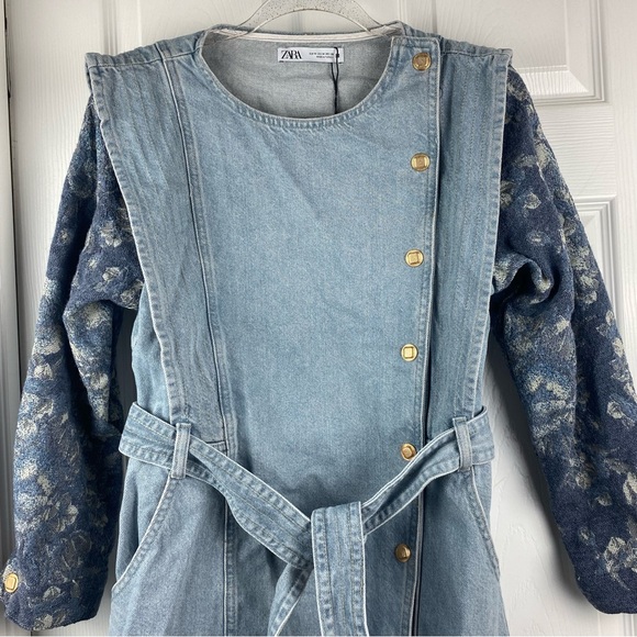 Zara Mixed Media Button Up Mini Dress Denim Jacquard Long Jacket NWT - Picture 3 of 9